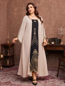 Al Najma Plus Size Women's Elegant Embroidered Patchwork Long Loose Dress, Suitable For Spring And Autumn - Apricot - View 5