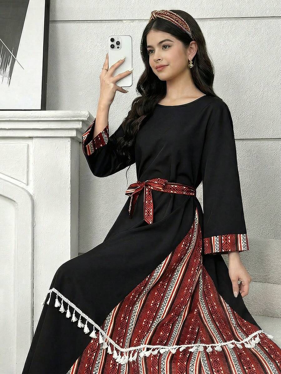 SHEIN Teen Girl Striped Patchwork Round Neck Long Sleeve Tassel Design Dress - Grey - View 1