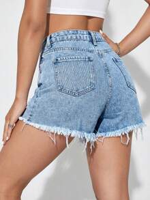 SHEIN Essnce Light Blue Frayed Hem Pockets Belted Casual Versatile Summer Denim Shorts - Light Wash - View 4