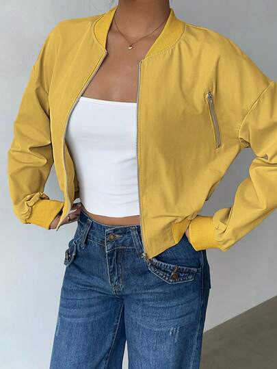 Chiquease Simple Solid Color Zip-Up Jacket, Casual & Fashionable For Everyday Wear