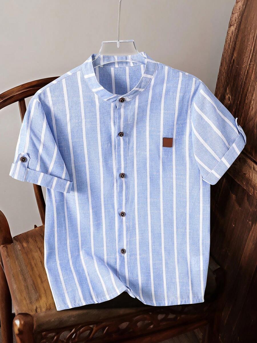 SHEIN 1pc Tween Boys' Mandarin Collar Gentleman Striped Casual Short Sleeve Shirt, Soft Fabric, Comfortable, Versatile For Spring/Summer, Suitable For Outdoor, School, Photography, Various Occasions, Relaxed & Fashionable Fit, Popular Casual Shirt For Tween Boys - Blue and White - View 1