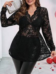 SHEIN Clasi Áo thun dài tay màu đen ren xuyên thấu gợi cảm, cỡ lớn, thích hợp cho kỳ nghỉ xuân, kiểu dáng thanh lịch. - màu đen - Xem 1