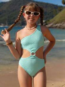 SHEIN 少女纯色单肩戒指装饰度假沙滩连体泳衣 - 薄荷藍 - 查看 4