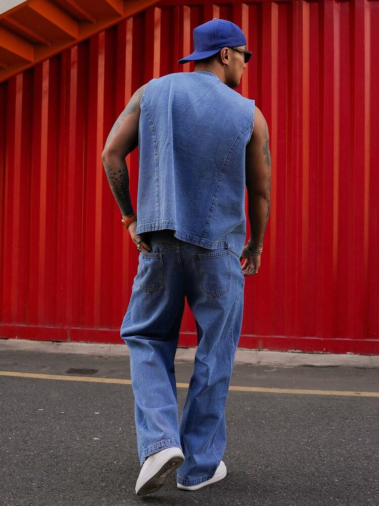 Men's Solid Blue Washed Denim Top & Pants Suit, Spring/Summer