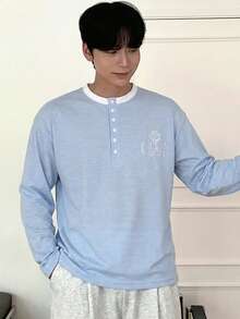 DAZY Men's Spring Patchwork Collar Blue & White 2 In 1 Letter Embroidery T-Shirt - Blue and White - View 3