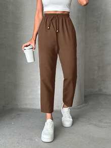 SHEIN PETITE Petite Pants With Drawstring, Slanted Pockets - Brown - View 3