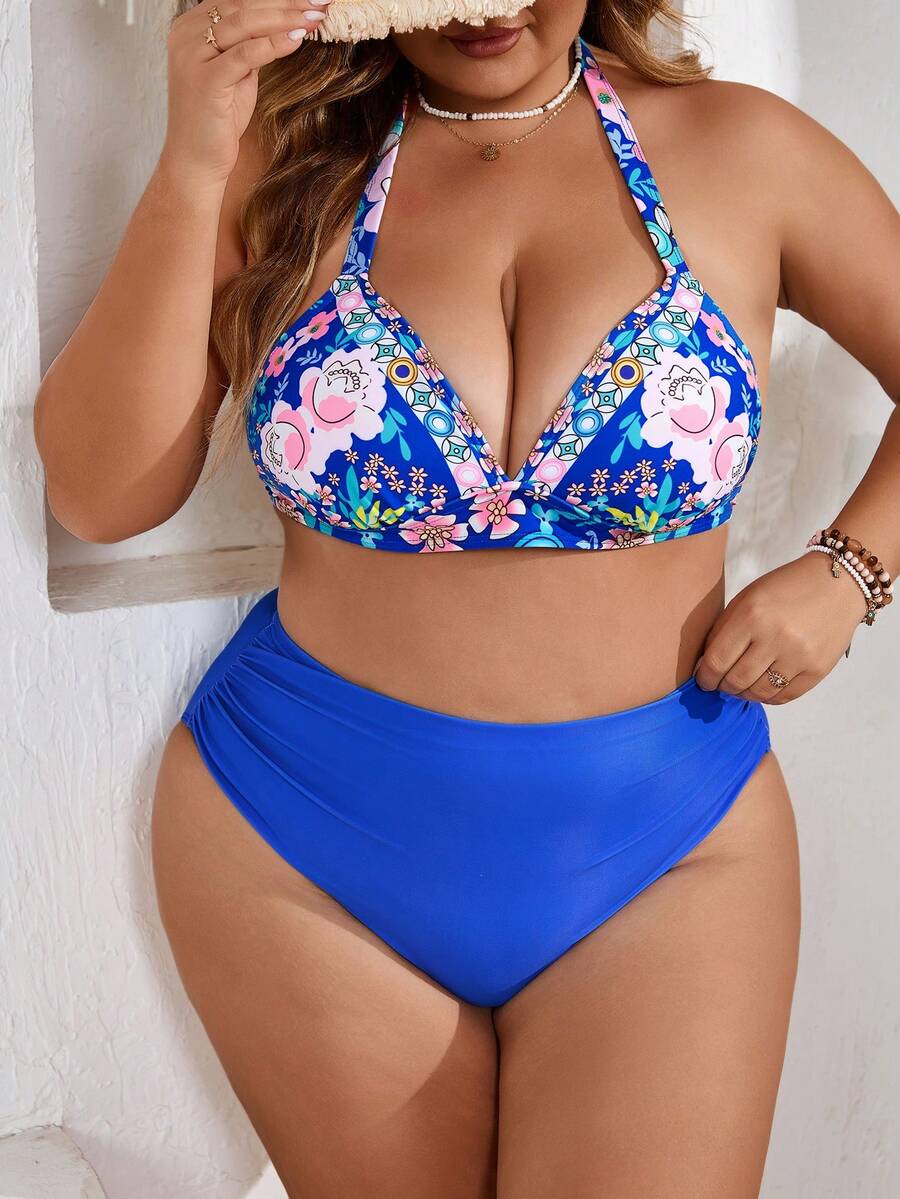 SHEIN CURVE+ Bộ bikini cỡ lớn mùa hè in họa tiết ngẫu nhiên gồm áo ngực và quần, kiểu dáng thon gọn và tối giản cho kỳ nghỉ hè và đi biển, trang phục đi nghỉ mát cho nữ, trang phục đi biển cho nữ, đồ bơi cỡ lớn. - Màu xanh lam - Xem 1