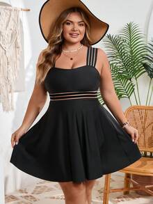 SHEIN CURVE+ 夏季沙滩大码单色泳装套装，沙滩度假风泳衣，大码女装，女士纯色泳衣，沙滩度假泳装，夏季，女士度假装，女士沙滩装，女士两件套，泳装 - 黑色 - 查看 6