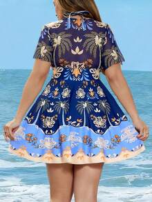 Swim Lushoire Bộ đồ bơi 2 mảnh dành cho nữ cỡ lớn: Váy lưới in họa tiết retro thời trang, kiểu dáng rộng rãi thoải mái, giúp thon gọn vòng bụng, kết hợp với áo tắm bikini cạp cao, cạp trễ vai và quần tam giác. - Màu xanh lam - Xem 2