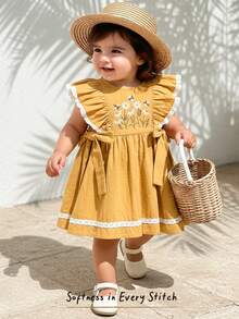 Cozy Pixies Baby Girl Floral Print Round Neck Cap Sleeve Waist Dress - Yellow - View 10