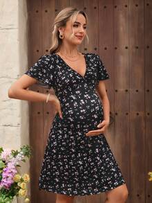 SHEIN Đầm bầu dệt kim họa tiết hoa, cổ chữ V, tay bồng. - màu đen - Xem 5