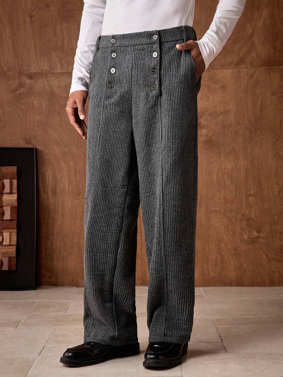 AKNOTIC Men's Wool Herringbone Pattern Wide Leg Pants,Light Grey Autumn Vintage Date High Waisted Button Placket Pocket Casual Baggy Dress Up Formal Pants - Black - View 1