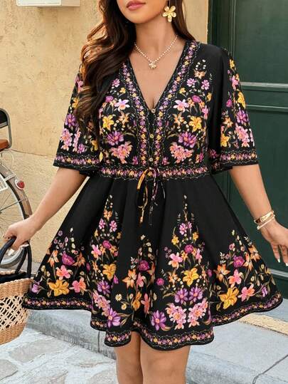 Ceyna Plus Size Elegant V-Neck Drawstring Waist Printed Casual Vacation Dress, Spring/Summer