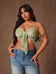 Rustia Áo croptop cỡ lớn kiểu dáng gợi cảm với tua rua và họa tiết xoắn phía trước. - Nhiều màu - Xem 3