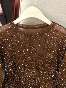 GlowEve CURVE 大码女式时尚派对长袖拼接透视金属箔上衣 - 咖啡棕 - 查看 3