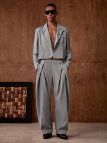 AKNOTIC Business Casual 男士梭织休闲宽松长袖外套和直筒裤两件套 - 灰色 - 查看 5