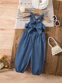 SHEIN Babygirl Cute Vacation Casual Blue Bow Tie Camisole Jumpsuit - Blue - View 1
