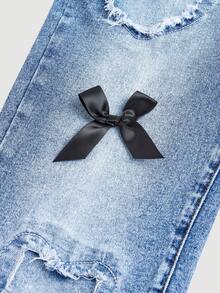 SHEIN Teen GirlFashion Personalized All-Season Versatile Black Applique 3D Embroidery, Distressed, Flared, High-Stretch Denim Jeans - Dark Wash - View 4