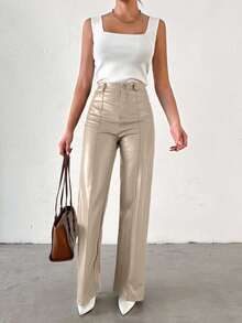 EURMUSE Women'S Straight Pu Leather Pants - Beige - View 3