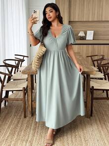 SHEIN LUNE Plus Size Women U-Neck Ruched Puff Sleeve A-Line Midi Casual/Work Dress - Mint Green - View 8