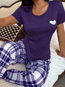 爱心印花短袖上衣和格子印花长裤女士睡衣套装，休闲款 - 紫色 - 查看 6