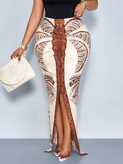 SOLERSUN Plus Size Damklänning med Position-Mönster och Plisserad Slits för Dejter, Semestrar och Vardagskläder