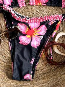 Swim Mod Bộ bikini hai mảnh dành cho nữ, họa tiết kẻ caro, bèo nhún, cổ chữ V, hở lưng, kiểu tam giác, buộc dây, thích hợp cho mùa xuân/hè, bikini hoa, bikini có charm, bikini đi nghỉ mát, bikini Hawaii, bikini tắm nắng. - màu đen - Xem 5