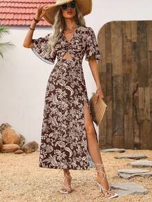 Breezaya Đầm maxi nữ kiểu dáng thắt nút xoắn phía trước, in hoa, xẻ tà bên hông, hở lưng. - màu nâu - Xem 5