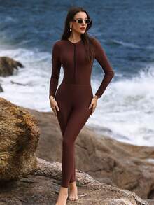 Swim Shayni New Gradient Ruched Zipper One-Piece Swimsuit With Skirt, 3 PiecesConservative Sun Protection Swimwear, European & American Style, Brown Long Sleeve