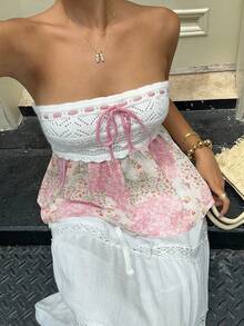 Sunnyshic 女士波西米亚风印花拼接针织系带蝴蝶结抹胸上衣，适合度假、秋冬季穿着 - 粉色 - 查看 5