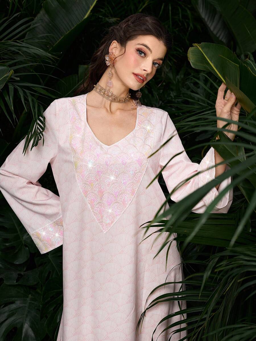 Al Najma Sequin Digital Print Long Sleeve Loose Fashion Elegant Pink Dress For Women - Pink - View 1