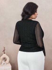 Modelyn Elegantes, lässiges Oversize-Damen-Shirt mit geraffter Vorderseite, plissierter Textur-Strickspitze, Rundhalsausschnitt, für Frühling/Sommer - Schwarz - Übersicht 2