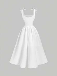 SHEIN MOD Đầm trắng không tay cổ vuông trang trí nơ dành cho nữ - trắng - Xem 4