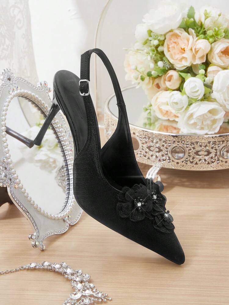 CUCCOO HITCHD Women Shoes Women's Pointed-Toed Stiletto Shoes Black Rhinestone Faux Pearl Lace Flower Dew-Heeled Shoes Wedding Party Banquet Fashion High-Heeled Women's Shoes Slingback Shoes After Lifting Elegant Shoes Wedding Shoes
