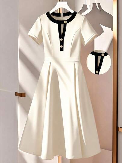 GlowEve CURVE 大码撞色滚边镂空优雅时尚短袖连衣裙