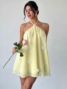 Firerie 女士雪纺优雅奶油黄露背吊带系腰短裙，女士约会之夜连衣裙，女士夏季连衣裙，女士蜜月旅行装，女士婚礼宾客连衣裙，浪漫海岛度假装，女士婚礼宾客连衣裙，女士吊带连衣裙，女士优雅派对连衣裙，女士生日连衣裙，节日连衣裙，荷叶边吊带连衣裙 - 淡黃色 - 查看 7