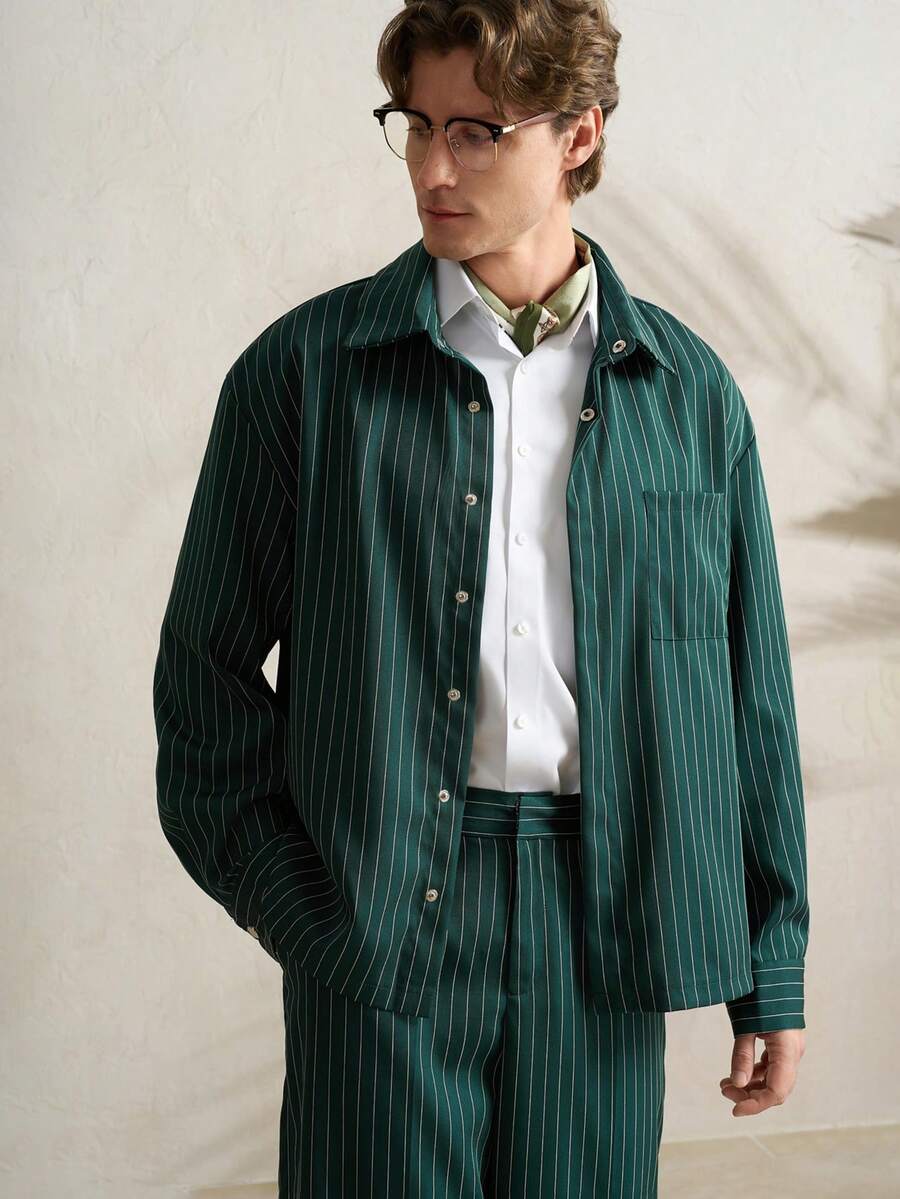 Airaco 男士休闲条纹衬衫长裤套装，春秋季 - 綠色 - 查看 1