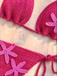 Swim Mod Women's Sexy Casual Beach Vacation Cute 3D Starfish Halter Neck Tie Cover Up - Hot Pink - View 4