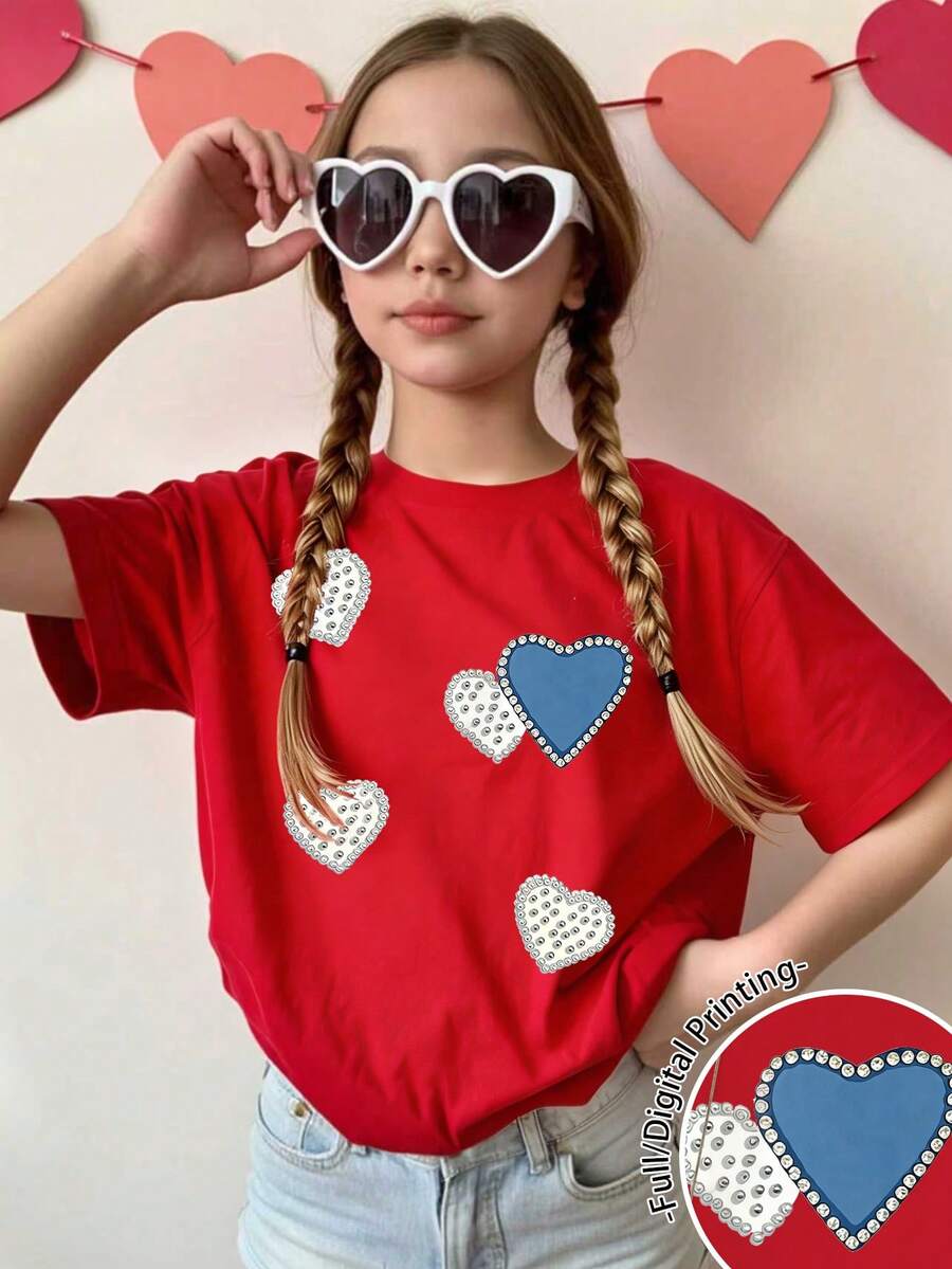 1件少女休闲时尚创意个性化清新别致简约牛仔效果爱心仿珍珠印花舒适基础款短款T恤，适合情人节及所有季节 - 酒紅色 - 查看 1