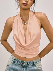 Easelle 复古西瓜粉针织露背吊带上衣，可爱露背领衬衫，Y2K 2000年代风格女装，露肩上衣 - 西瓜粉 - 查看 7