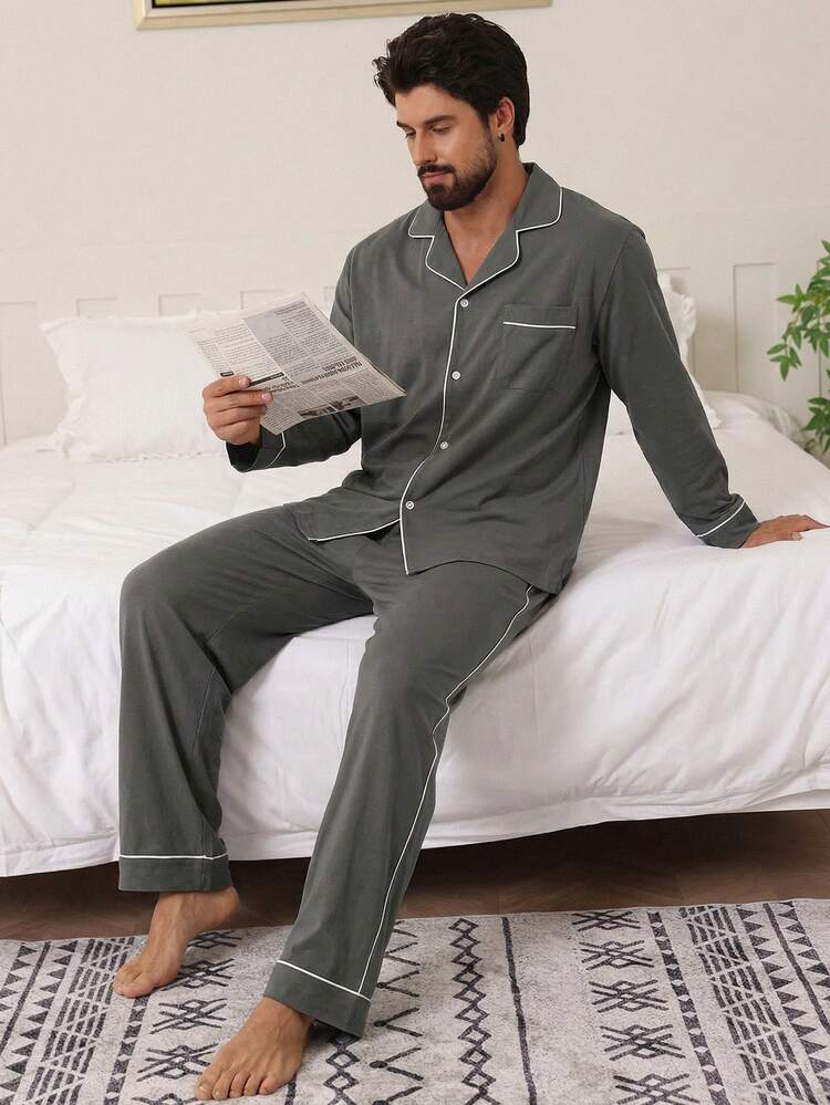 Spring/Autumn Men's Contrast Color Shirt & Gray Drawstring Pajama Set