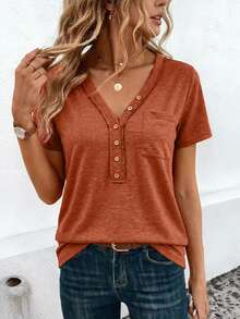 EMERY ROSE Women's Casual Basic V-Neck Short Sleeve T-Shirt, Summer - Orange - View 1