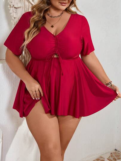 SHEIN CURVE+ Plus Size Women Summer Vacation Solid Color Front Drawstring Swim Skirt With Swim Shorts