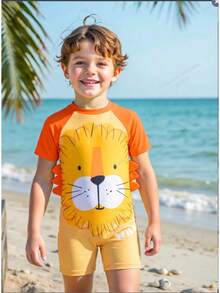 男童可爱动物印花连体短袖泳衣，适合度假、夏季游泳 - 彩色 - 查看 2