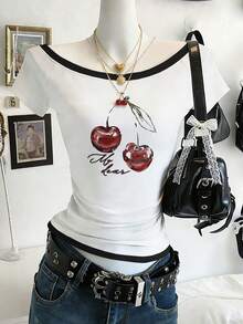 Lalippa Camiseta ajustada de cuello redondo para mujer, de manga corta blanca, talla grande vendida en primavera y otoño, estilo con estampado de cerezas - Blanco - Ver 1