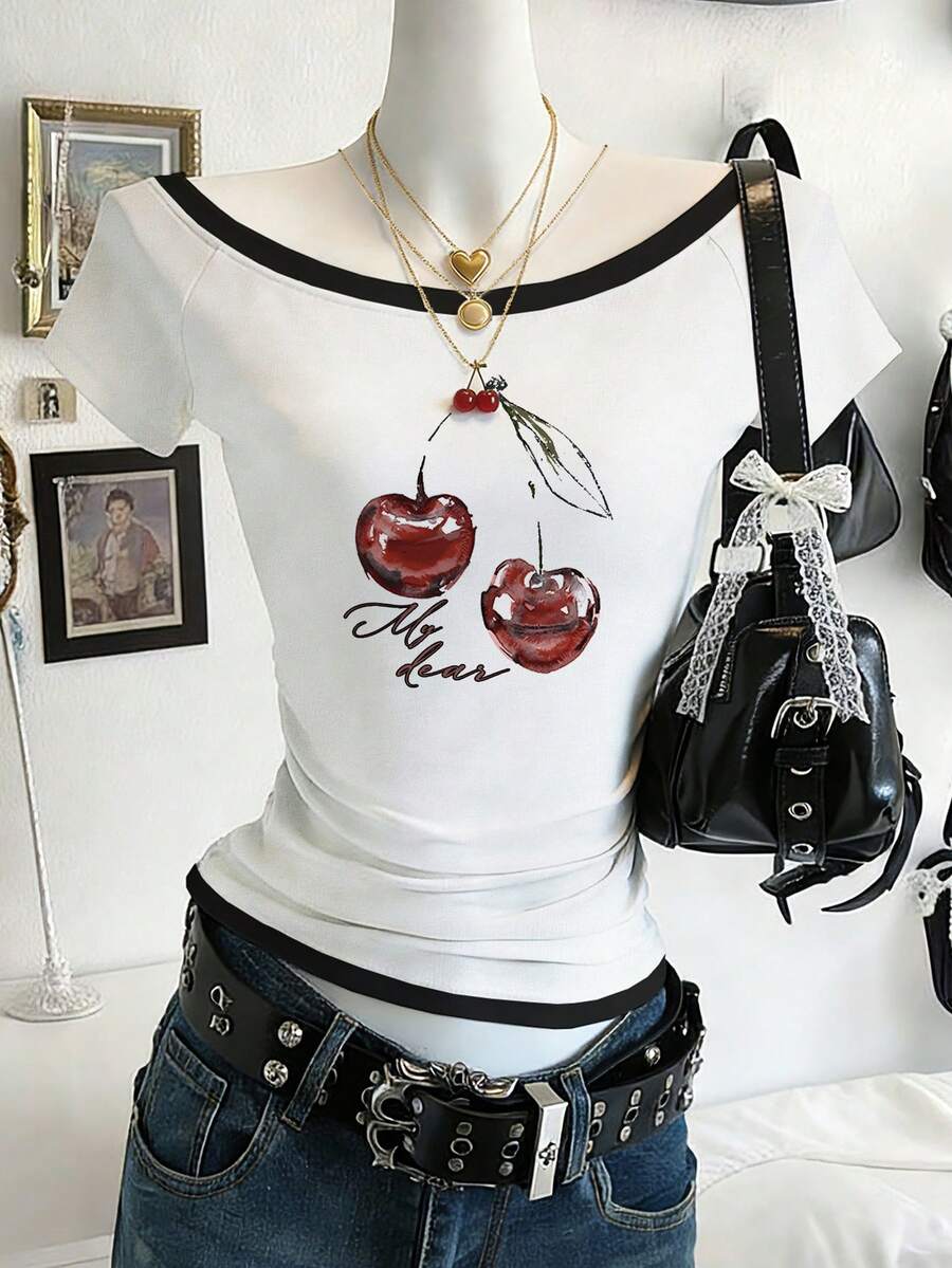 Lalippa Camiseta ajustada de cuello redondo para mujer, de manga corta blanca, talla grande vendida en primavera y otoño, estilo con estampado de cerezas - Blanco - Ver 1