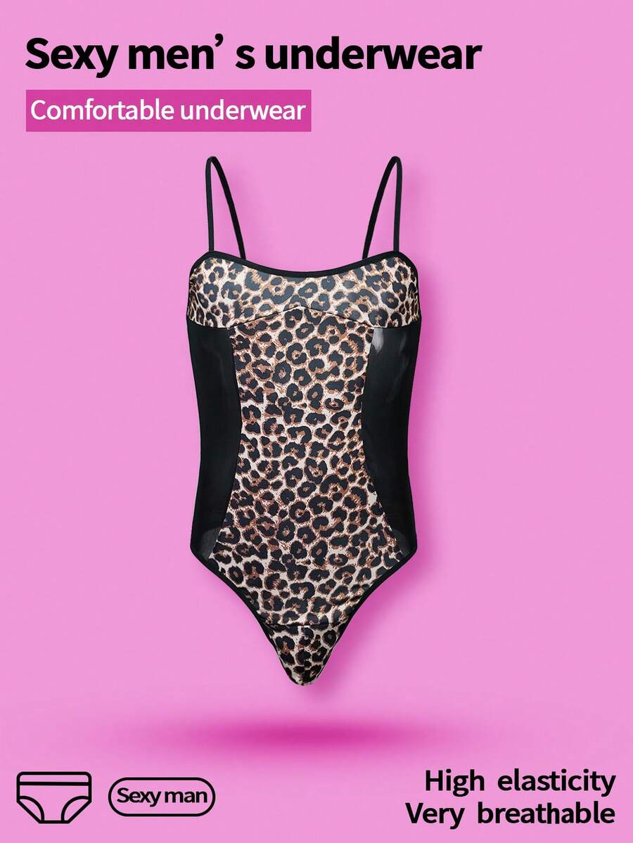 WENEZON Men's Leopard Print Jumpsuit Lingerie