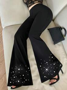 Modelyn Women's Black Fashionable Casual Pearl Flare Pants - Black - View 7