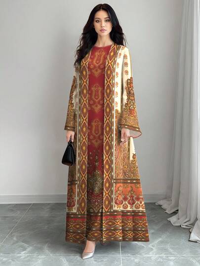 SHEIN Najma Women's Elegant Floral Digital Print Round Neck Maxi Dress & Long Cardigan Two Pieces Set, Casual For Spring/Summer Turkish Dress Bohemian Dress For Women Long Sleeve Dress Printed Dress