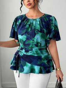 Elenzga Plus Size Women's Tie-Dye Print Round Neck Ruched Ruffle Puff Sleeve Elastic Waist Slimming Front Tie A-Line Blouse, Summer - Green - View 1